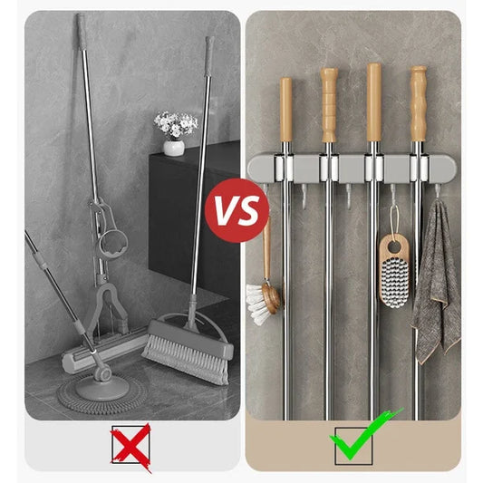 4 Slot & 5 Hook Wall Mounted Holder For Mop, Broom, Kitchen, Garden