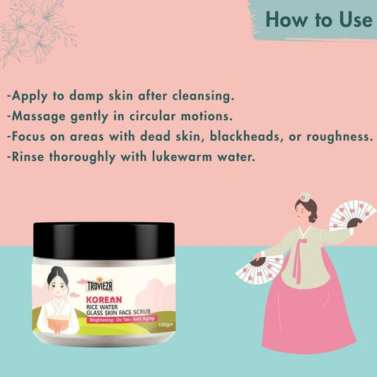 Trovieza Korean Rice water Glass Skin Face Scrub for Brightening skin, de tan & anti aging, for face & Body,  Exfoliating, cleans pores, Moisturizing, 100gm