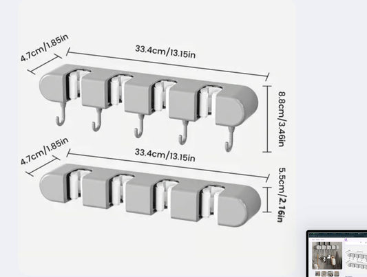 4 Slot & 5 Hook Wall Mounted Holder For Mop, Broom, Kitchen, Garden