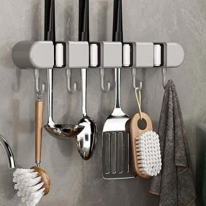 4 Slot & 5 Hook Wall Mounted Holder For Mop, Broom, Kitchen, Garden
