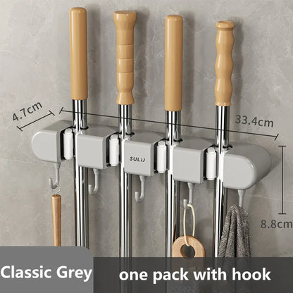 4 Slot & 5 Hook Wall Mounted Holder For Mop, Broom, Kitchen, Garden