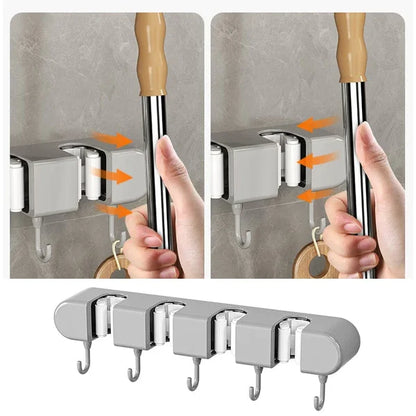 4 Slot & 5 Hook Wall Mounted Holder For Mop, Broom, Kitchen, Garden