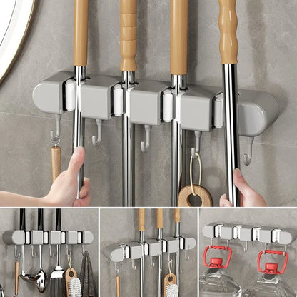 4 Slot & 5 Hook Wall Mounted Holder For Mop, Broom, Kitchen, Garden