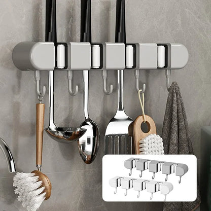 4 Slot & 5 Hook Wall Mounted Holder For Mop, Broom, Kitchen, Garden