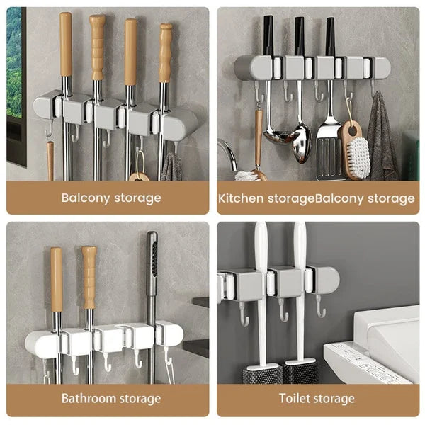 4 Slot & 5 Hook Wall Mounted Holder For Mop, Broom, Kitchen, Garden